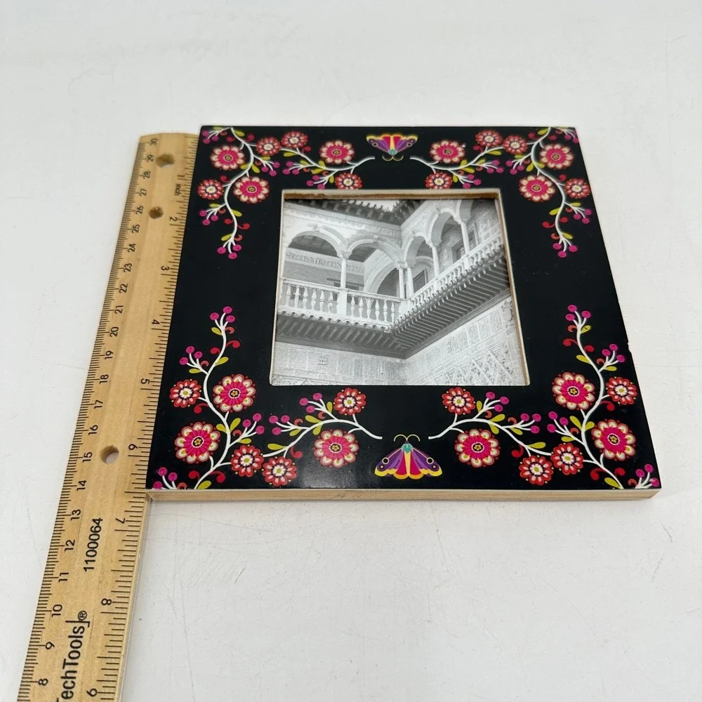 World Market Floral Butterfly Wood Picture Frame Black Pink Folk Art 6.5x6.5